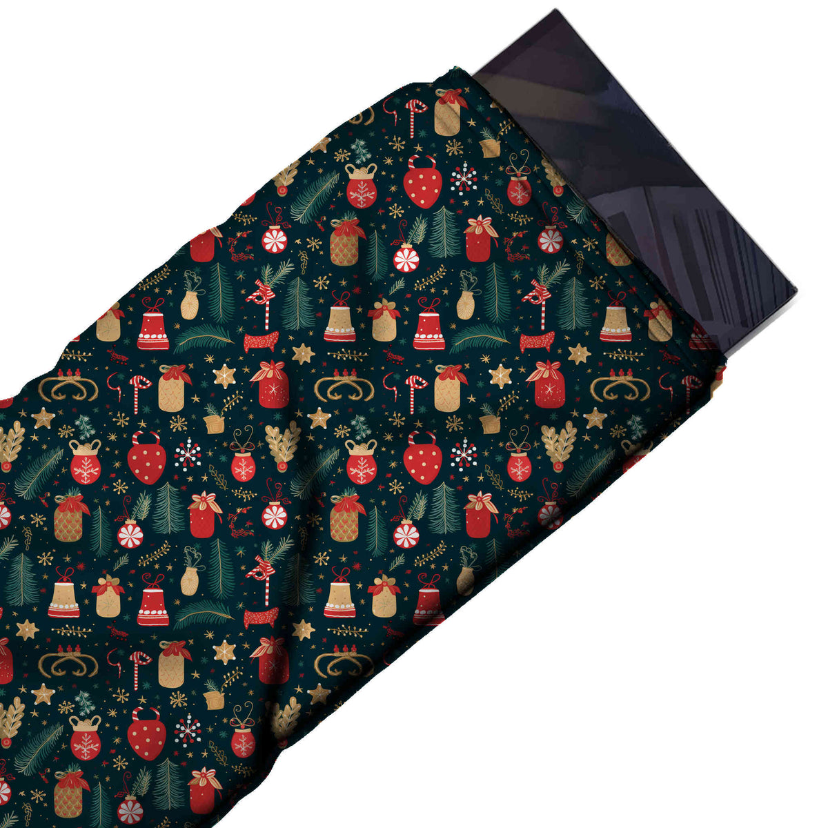 Flat fabric swatch: one-way all-over festive print of small red ornaments and jars with, design Design No_4678, Clothwala