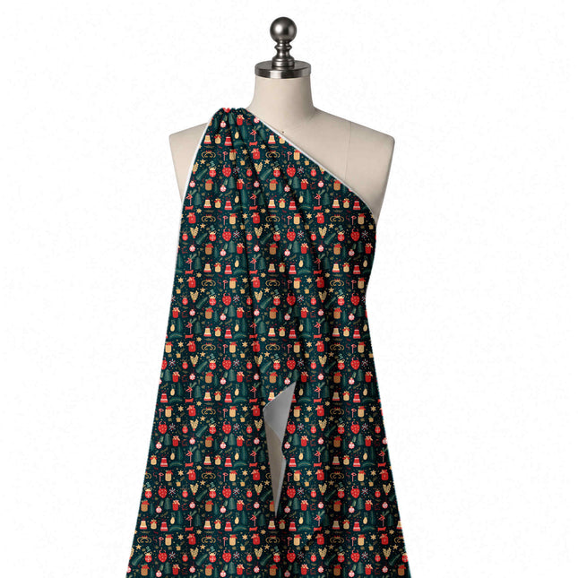Draped on a mannequin: one-way all-over festive print of small red ornaments and jars with, design Design No_4678, Clothwala