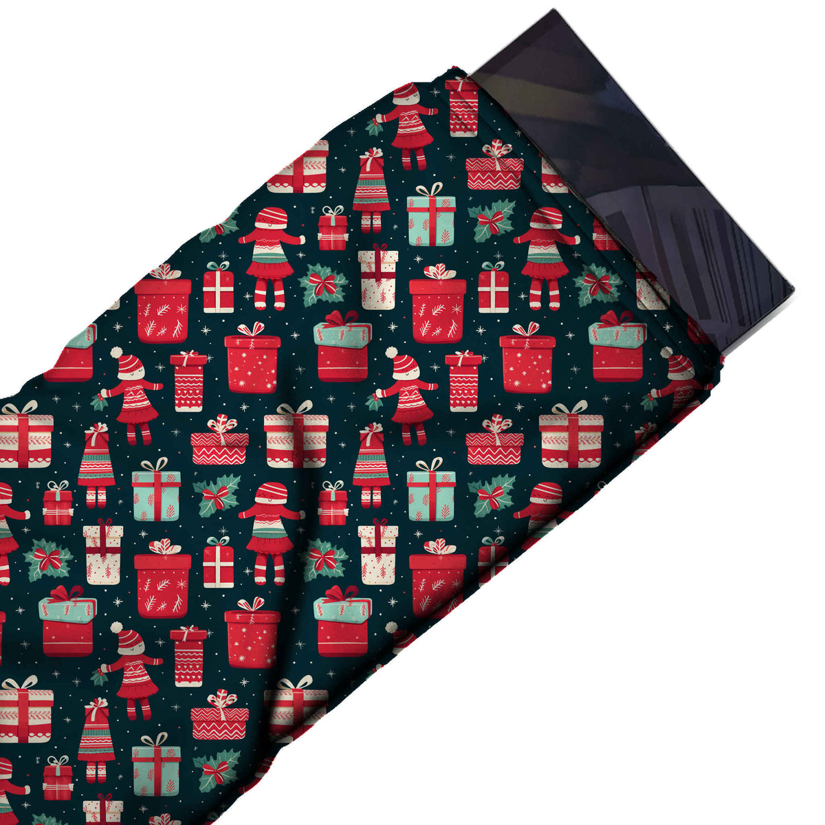 Flat fabric swatch: all-over one-way Christmas print of red, design Design No_4692, Clothwala
