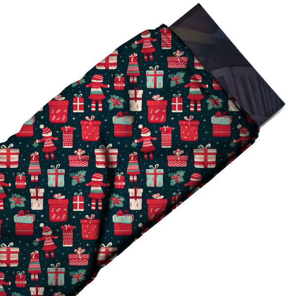 Dark Teal & Red Gift Boxes & Elves Printed Printed American Crepe Fabric Fabric
