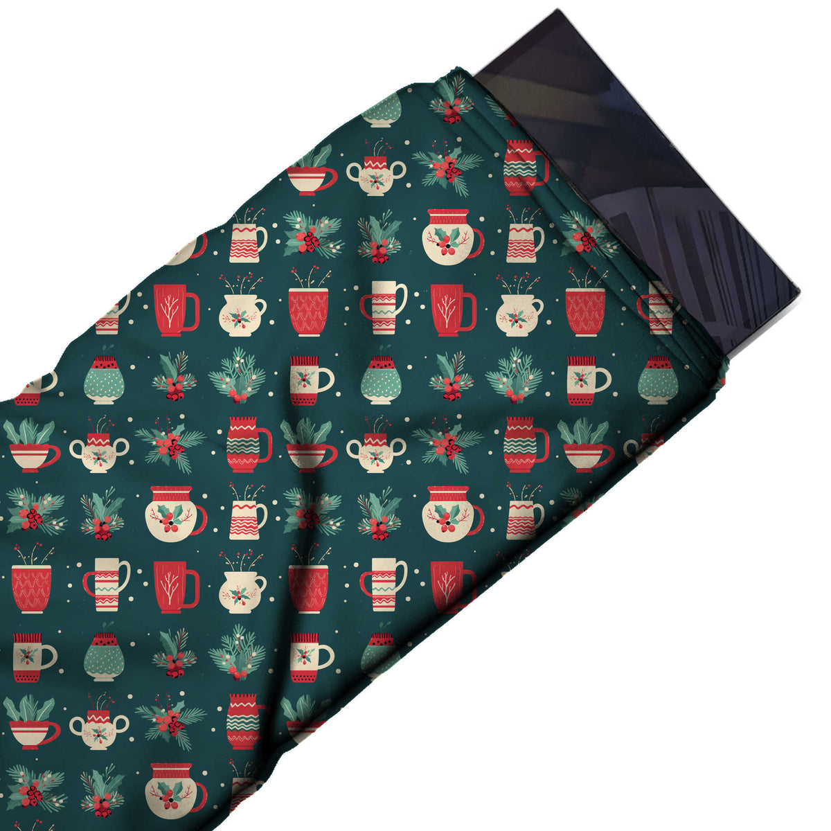 Flat fabric swatch: grid-like all-over print of red and cream mugs, design Design No_4705, Clothwala