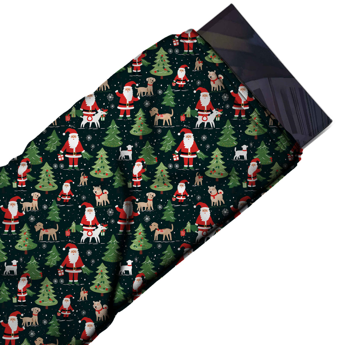 Flat fabric swatch: all-over one-way festive print of red Santas, design Design No_4794, Clothwala