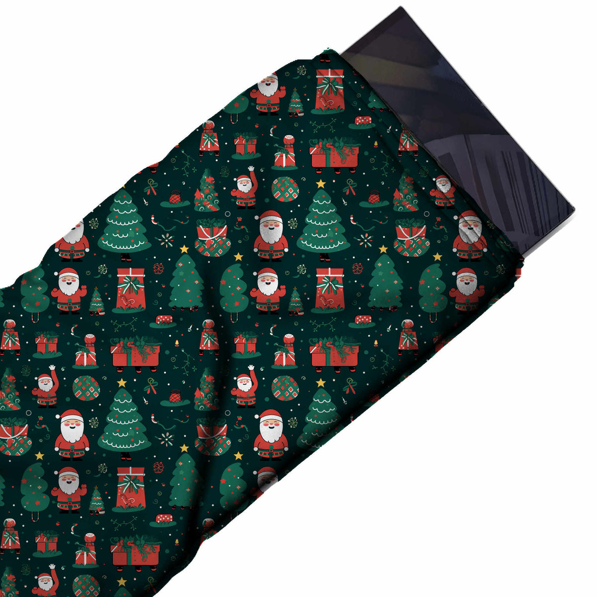 Flat fabric swatch: grid-like all-over one-way print of cartoon Santas, design Design No_4817, Clothwala