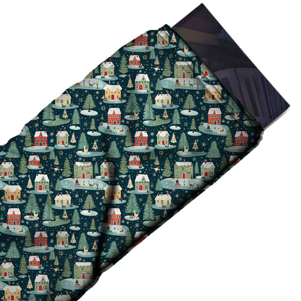 Dark Teal & Sage Green Snowy Roof Village Printed Pure Natural Crepe Fabric