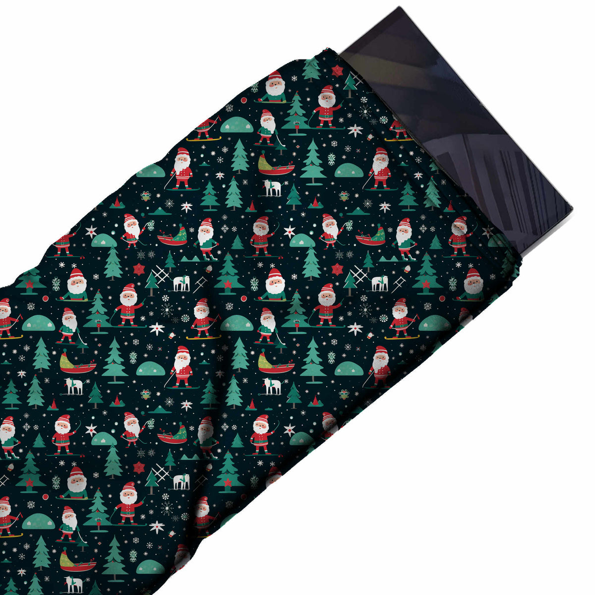 Flat fabric swatch: one-way small-scale scatter of flat-coloured Santas skiing and, design Design No_4767, Clothwala