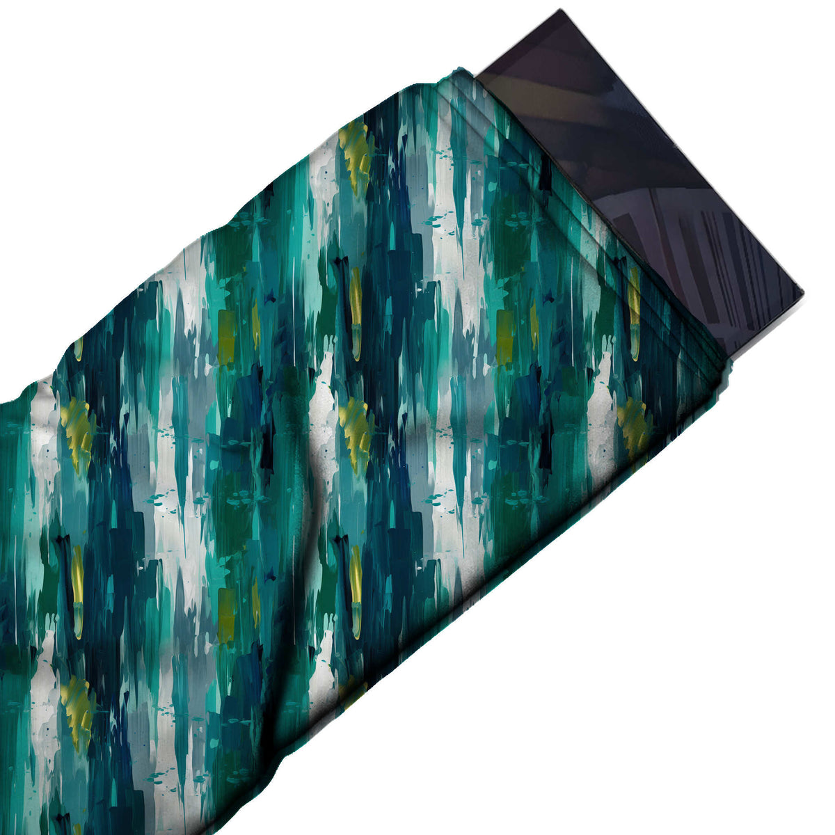 Flat fabric swatch: dense vertical layout of feather-ended paint streaks in dark teal, design Design No_3969, Clothwala