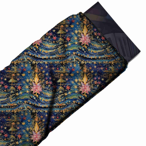 Deep Blue & Gold Stars & Pink Bloom Printed Viscose Muslin Fabric