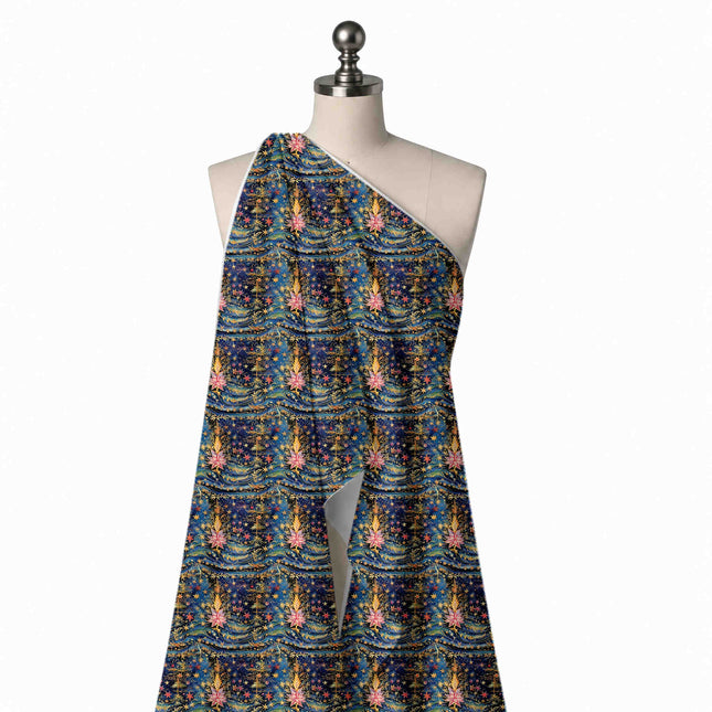 Draped on a mannequin: ornate banded print of gold stars, design Design No_4919, Clothwala