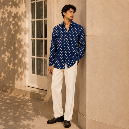 Deep Blue & Off-White Elongated Seed Dot Print Fabric — design 857SC-SBGP/DS-508, Clothwala