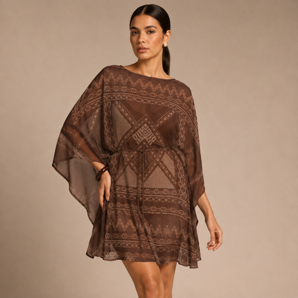 Deep Brown & Beige Geometric Tribal Squares Print Fabric — design 1563A48G-AGGP/DS-532, Clothwala
