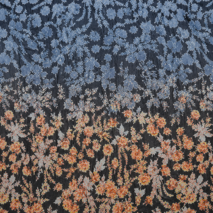Deep Charcoal & Light Blue & Orange Ditsy Floral Ombre Print Fabric — design 10748G0-SBGP/DS-502, Clothwala