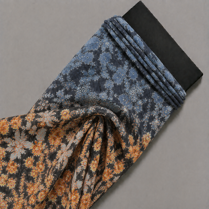 Deep Charcoal & Light Blue & Orange Ditsy Floral Ombre Print Fabric — design 10748G0-SBGP/DS-502, Clothwala