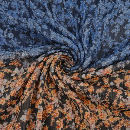 Deep Charcoal & Light Blue & Orange Ditsy Floral Ombre Print Fabric — design 10748G0-SBGP/DS-502, Clothwala
