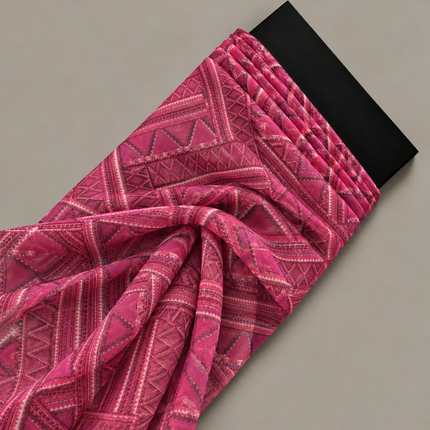 Deep Magenta & White & Dark Maroon Tribal Geometric Patchwork Print Fabric — design 10748G0-SBGP/DS-584, Clothwala
