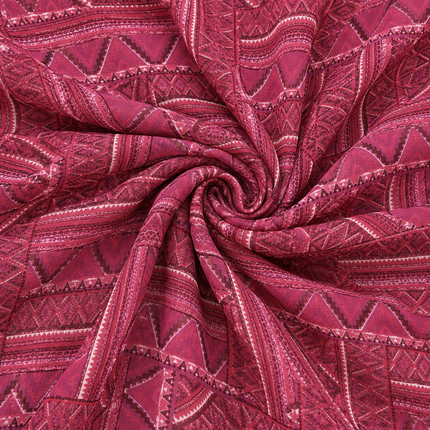 Deep Magenta & White & Dark Maroon Tribal Geometric Patchwork Print Fabric — design 10748G0-SBGP/DS-584, Clothwala