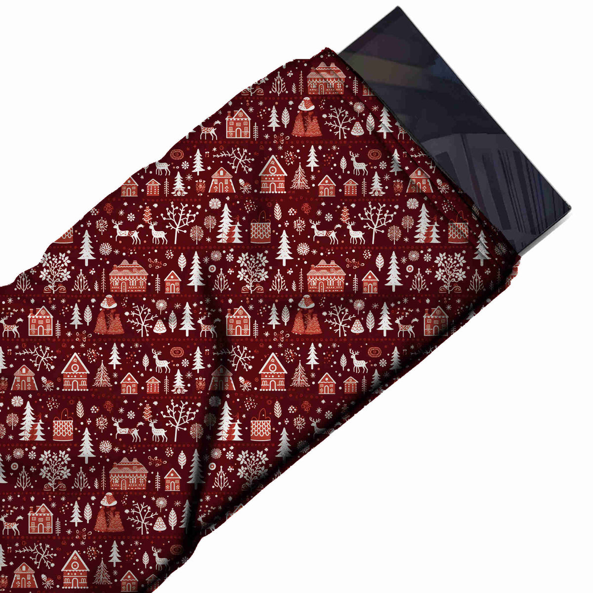 Flat fabric swatch: row-set all-over winter village print of coral patterned cottages, design Design No_4626, Clothwala