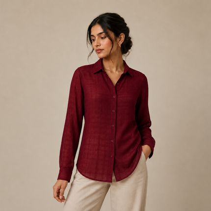 Deep Maroon Solid Georgette Dobby Check Pattern Fabric — design 698DBP-PBSRSM/DS-111, Clothwala