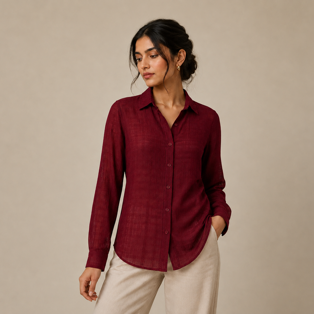 Deep Maroon Solid Georgette Dobby Check Pattern Fabric — design 698DBP-PBSRSM/DS-111, Clothwala