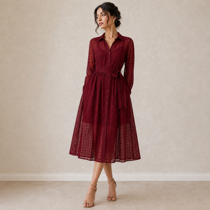 Deep Maroon Solid Georgette Dobby Check Pattern Fabric — design 698DBP-PBSRSM/DS-111, Clothwala
