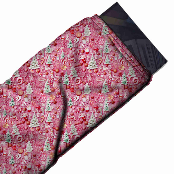 Deep Pink & White Frosted Trees & Candy Printed Viscose Muslin Fabric