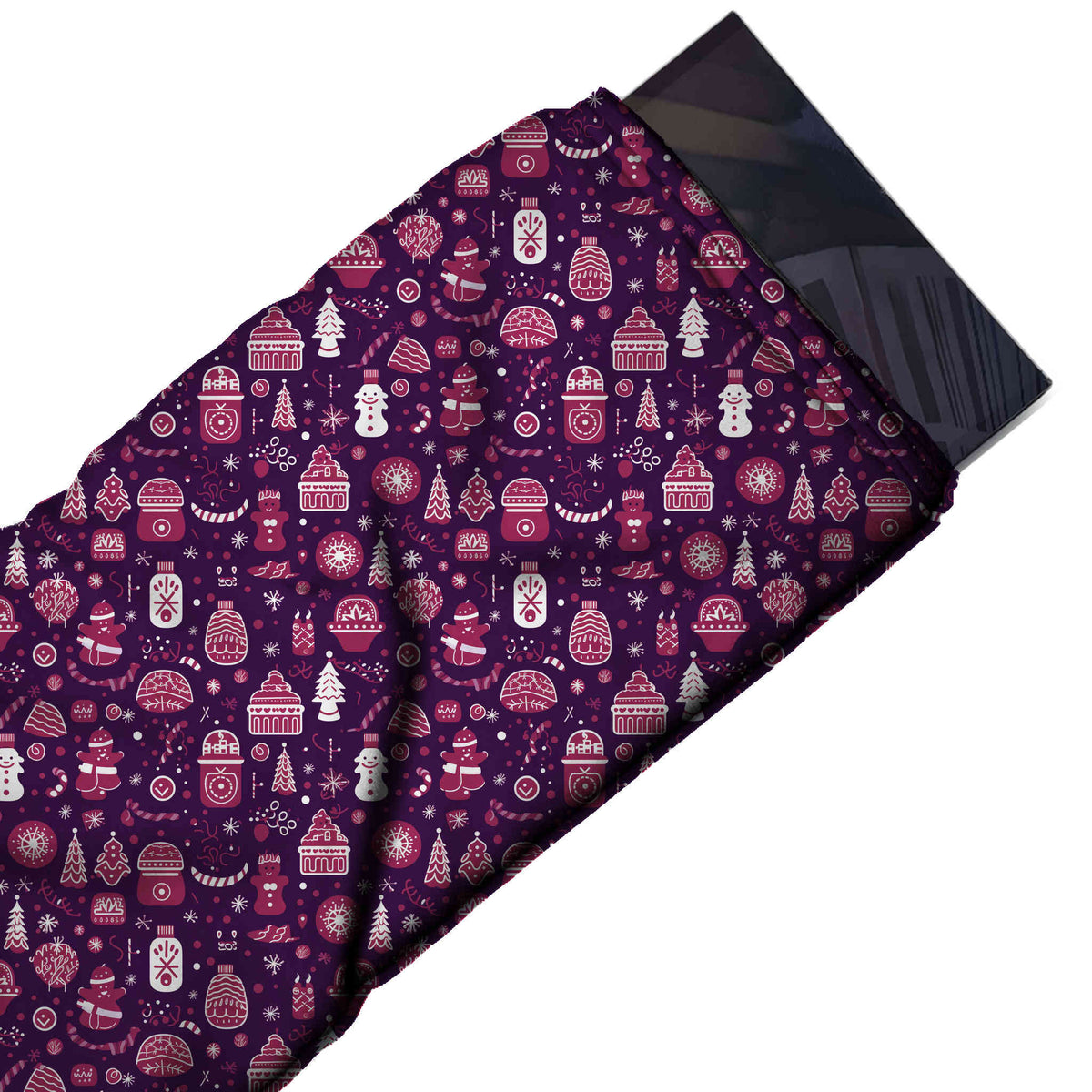 Flat fabric swatch: all-over festive print of magenta pink and white snowmen, design Design No_4629, Clothwala