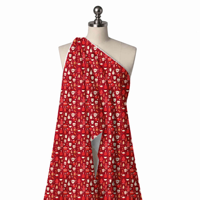 Draped on a mannequin: dense one-way all-over print of small cream mugs with snowflake and, design Design No_4673, Clothwala