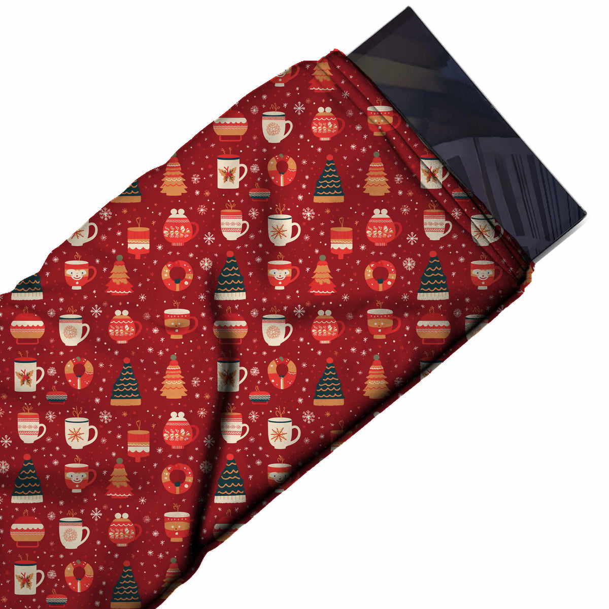Flat fabric swatch: all-over one-way print of cream and coral mugs, design Design No_4695, Clothwala