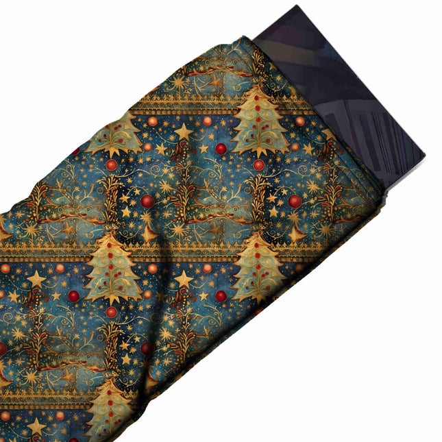 Flat fabric swatch: ornate one-way festive print of gold-edged olive green Christmas trees, design Design No_4928, Clothwala