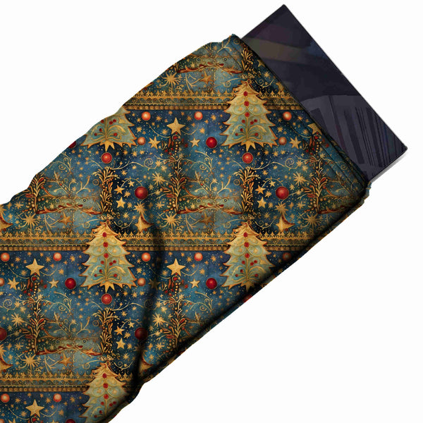 Deep Teal Blue & Gold Gilded Trees & Stars Printed Viscose Muslin Fabric