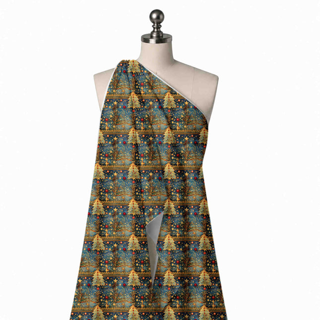 Draped on a mannequin: ornate one-way festive print of gold-edged olive green Christmas, design Design No_4928, Clothwala