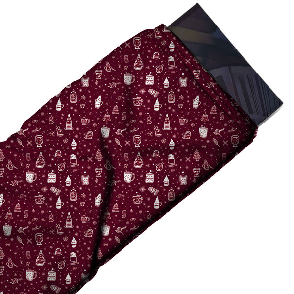 Deep Wine & White Mugs & Cupcakes Doodle Printed Pure Natural Crepe Fabric