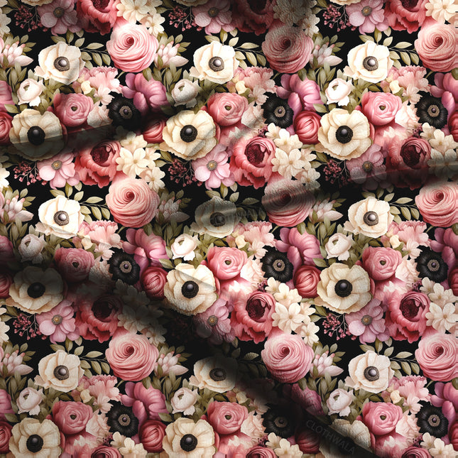 Model wearing sleeveless floral jumpsuit made from pure viscose muslin fabric with blooming pink, cream, and white flowers on a dark background, 44-inch width. Versatile fabric also available in viscose crepe, tissue crepe, viscose organza, poly satin, poly moss, and poly crepe for women’s wear.