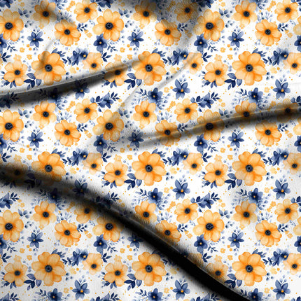 golden yellow floral digital print fabric texture — medium scale closeup