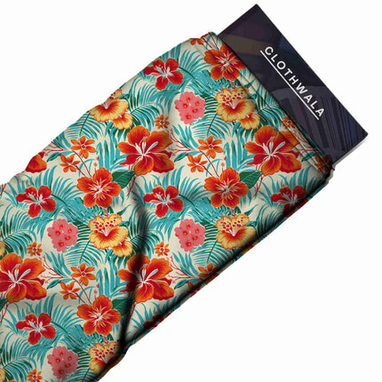 fiery red tropical fabric detail — textured finish digital print closeup