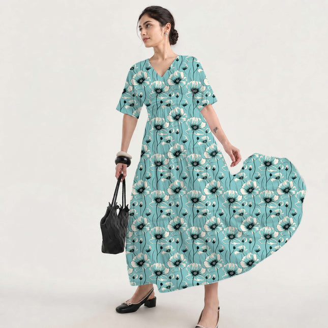 Aqua Blue Floral Digital Print Fabric for Dress | Resort Wear - Image 2