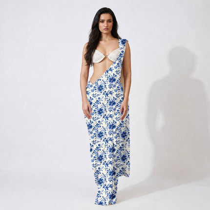 Cobalt Blue Floral Digital Print Fabric for Dress | Psychedelic Festival Wear - Image 5