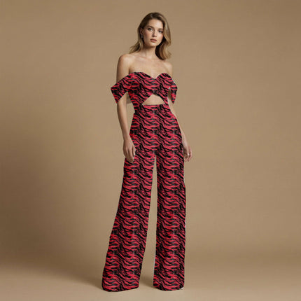fiery red animal print fabric draped — maxi dress styling