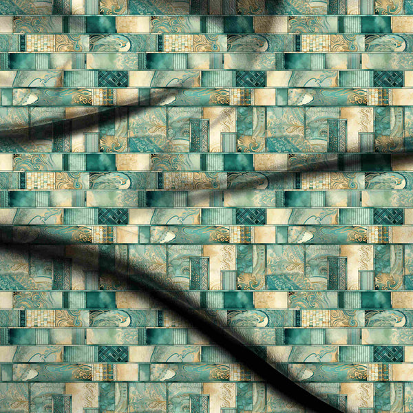 Teal Abstract Tiled Patchwork Print Fabric