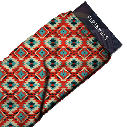 vermilion red ethnic all-over print pattern — medium scale repeat layout