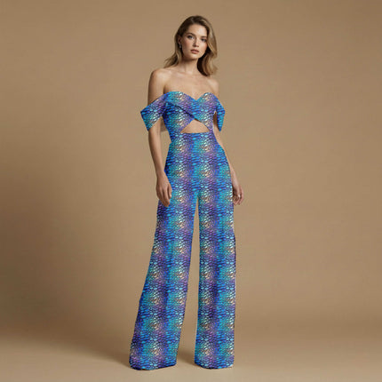 cobalt blue animal print fabric draped — lehenga skirt styling