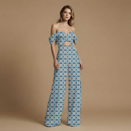 cobalt blue geometric print fabric draped — maxi dress styling