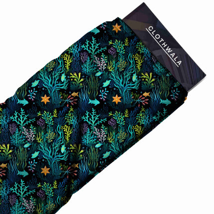 midnight blue tropical all-over print pattern — medium scale repeat layout