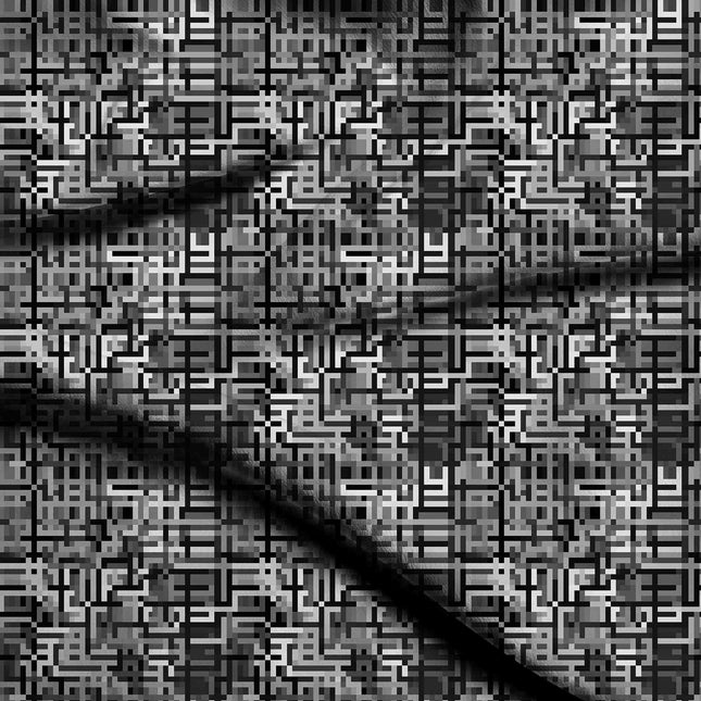 jet black geometric digital print fabric texture — medium scale closeup