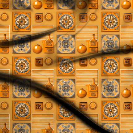marigold orange ethnic digital print fabric texture — medium scale closeup