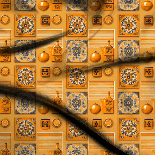 marigold orange ethnic digital print fabric texture — medium scale closeup