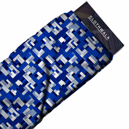 cobalt blue geometric print fabric draped — kurta set styling