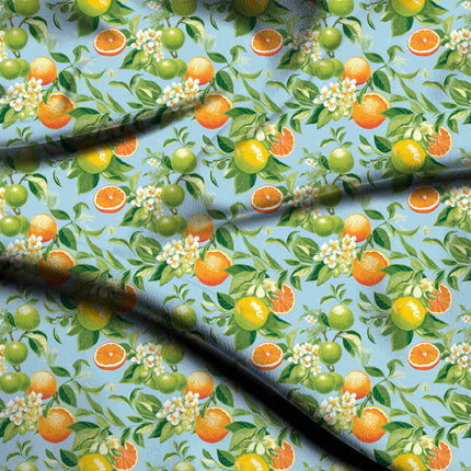 sky blue floral digital print fabric texture — medium scale closeup