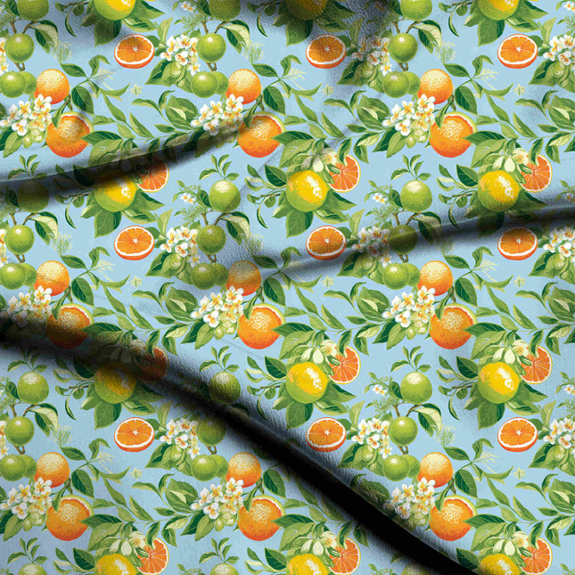 sky blue floral digital print fabric texture — medium scale closeup