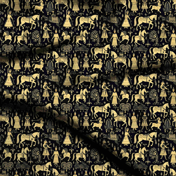 Charcoal Black Regal Horses And Figures Print Fabric