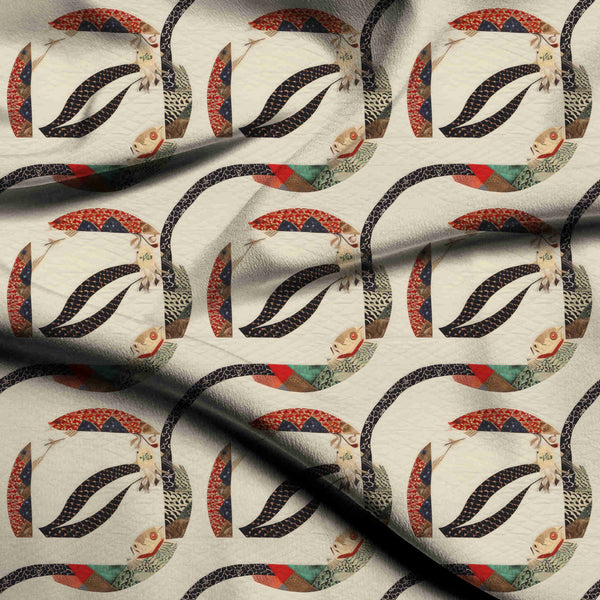 Ivory Cream Stylized Collage Fish Motif Print Fabric